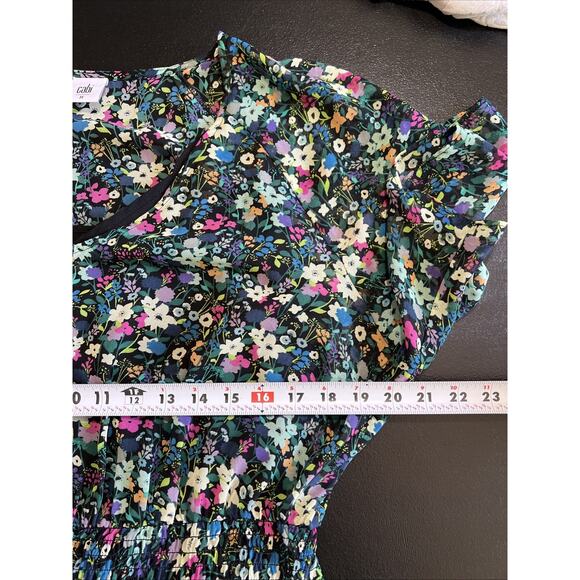 Cabi Dress Medium Fiesta Dark Floral Midi Smocked Hi Low Cottagecore Peasant - Picture 9 of 13
